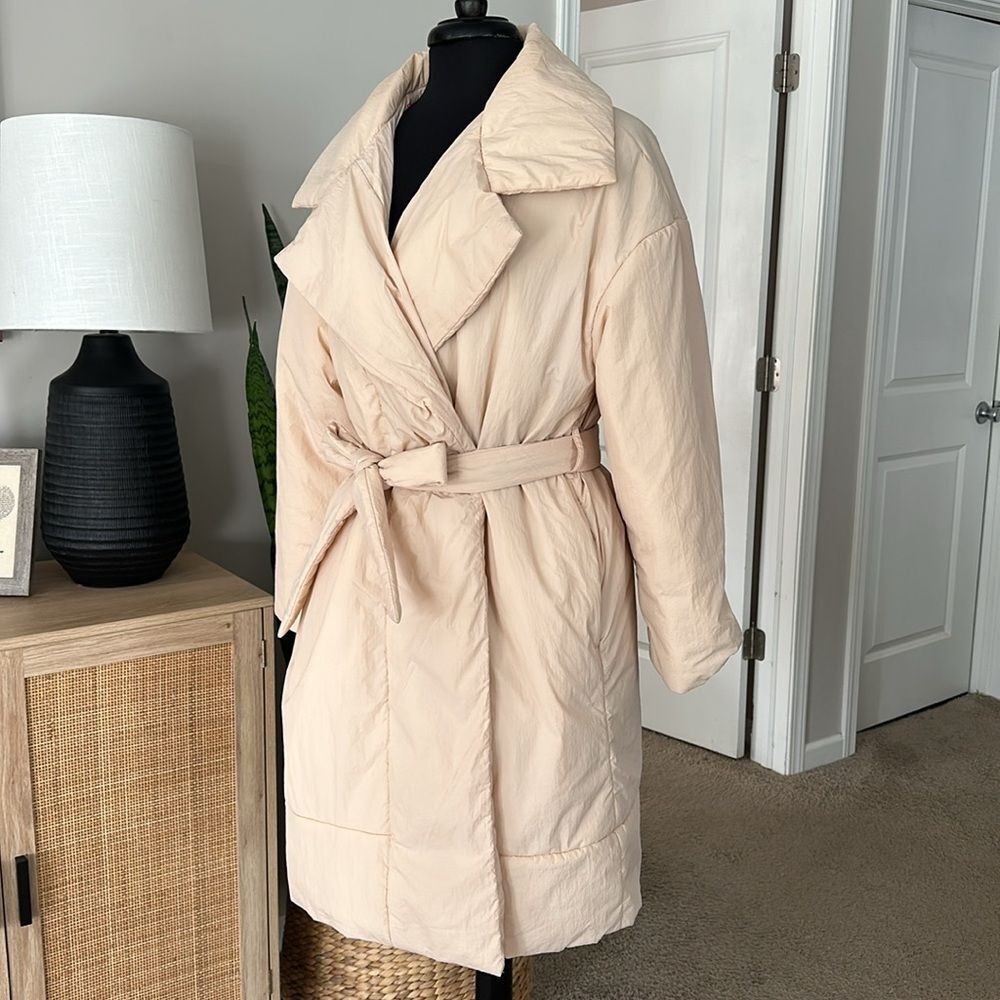 A New Day Cream Blush Oversized Wrap Midi Coat Tie Waist Pockets